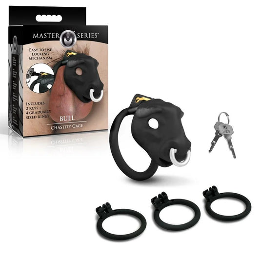 MasterSeries–“Bull”ChastityCagewith4Rings(Black)