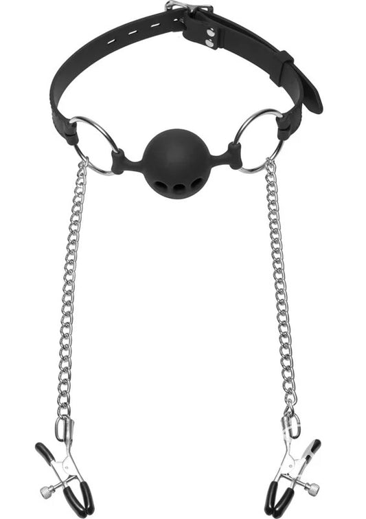 MasterSeriesHinderBreathableSiliconeBallGagwithNippleClamps