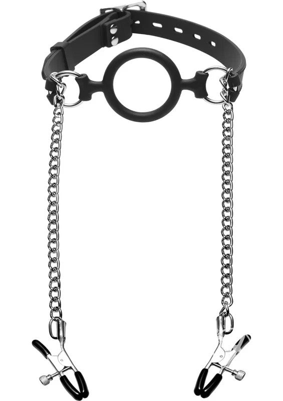 MasterSeriesMutinySiliconeO-RingGagwithNippleClamps