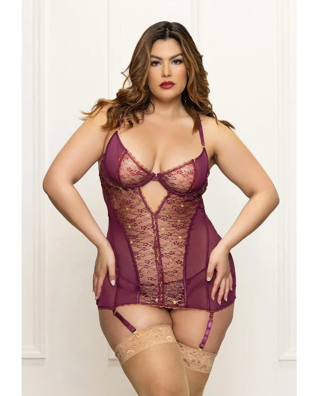 MetallicLacewithMeshGarteredChemise&Thong–Plum1X/2X