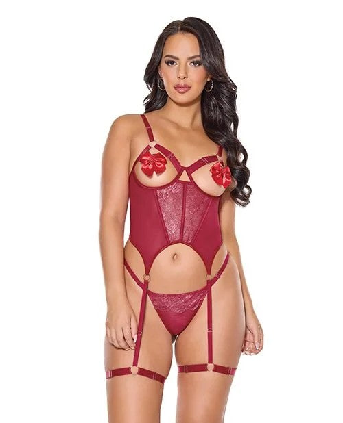 MetallicStretchScallopLaceandMeshBustierw/Thong–RedLG
