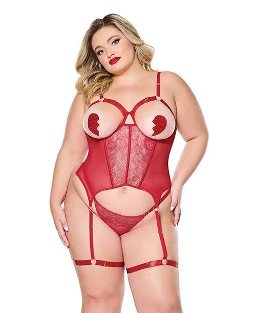 MetallicStretchScallopLaceandMeshBustierw/Thong–Red1X/2X