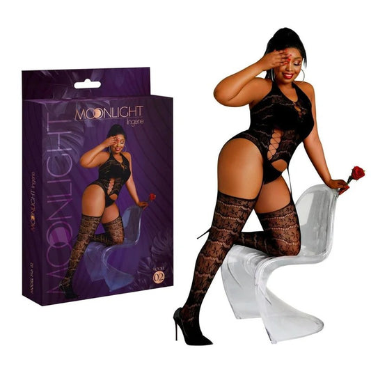 MoonlightLingerie–Model02LaceCutoutFaux-garterBodystocking–PlusSize(Black)