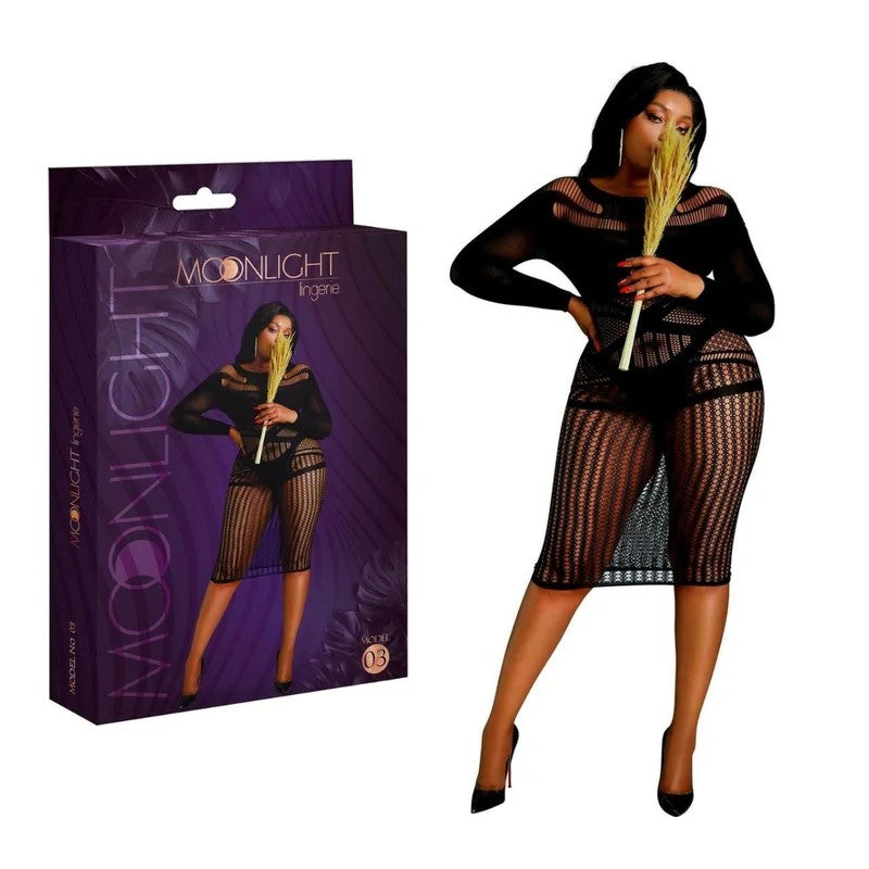 MoonlightLingerie–Model03LongsleeveMeshCutoutDress–PlusSize(Black)