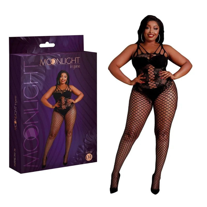 MoonlightLingerie–Model04SleevelessCorset&FencenetBodystocking–PlusSize(Black)