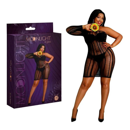MoonlightLingerie–Model05AsymmetricStripedMeshDress–PlusSize(Black)