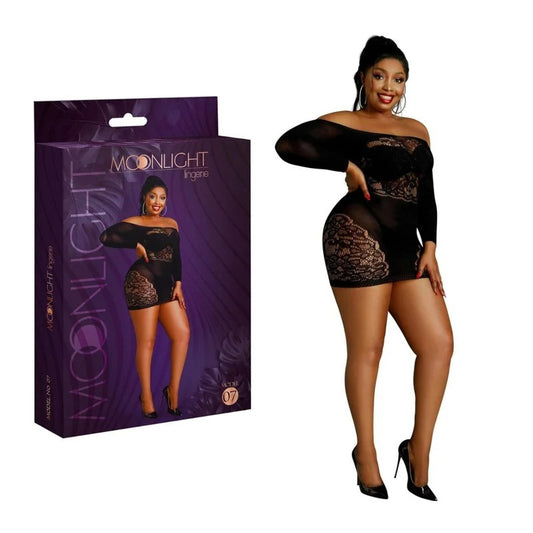 MoonlightLingerie–Model07LongsleeveOffShoulderLaceDress–PlusSize(Black)
